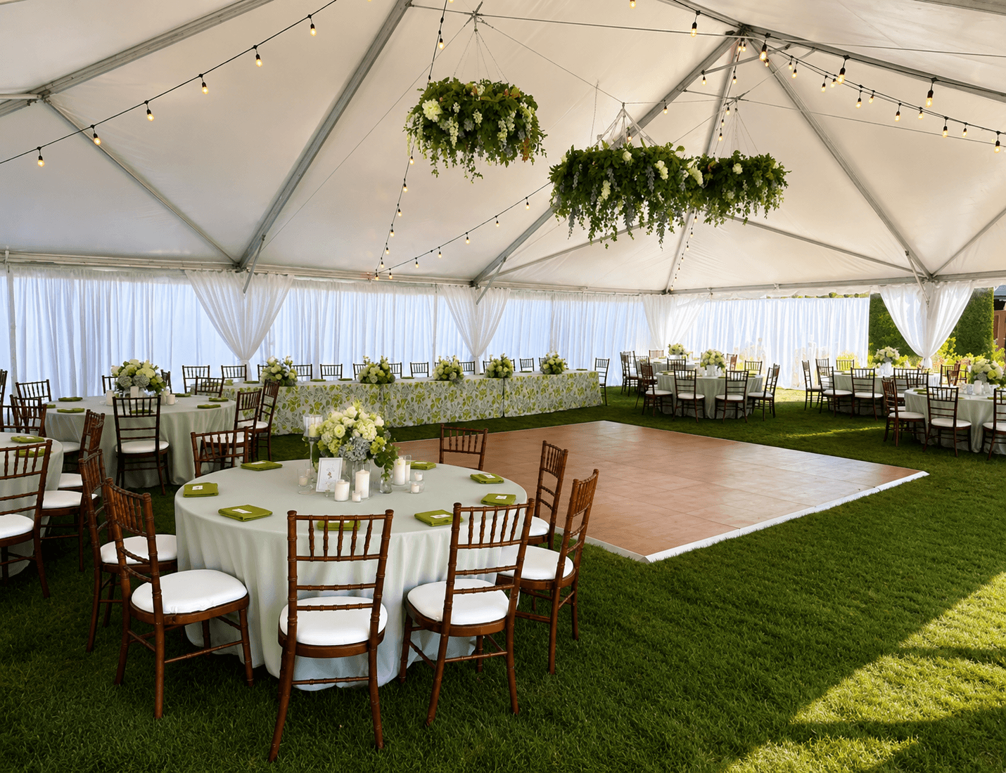 Outdoor tent and patio seating setup